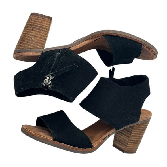 TOMS Majorca Cutout Black Heeled Sandal Suede Block Wood Heel Peeptoe Women’s 8 - Picture 11 of 13